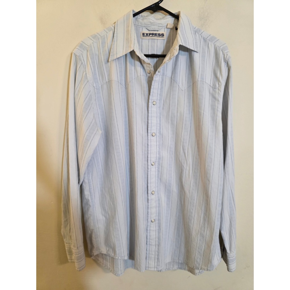 Express Precision Fit Mens Western Shirt Pearl Snap Blue White Stripe Large L